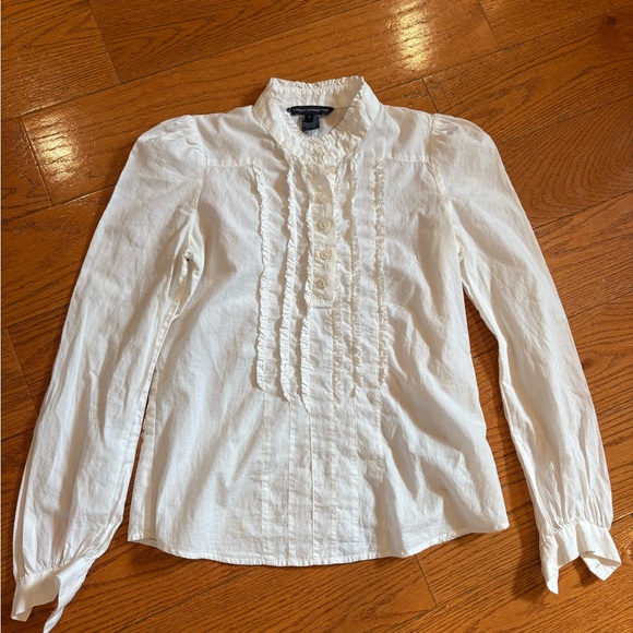 French Connection White Ruffle Front Button Down Blouse 100% Cotton Size 6 - Picture 1 of 4